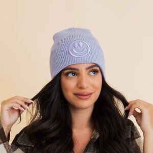 Happy Face Embroidered Ribbed Knit Beanie